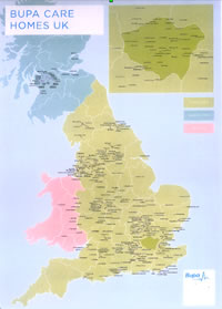 Image of map showing Bupa care homes in the UK.